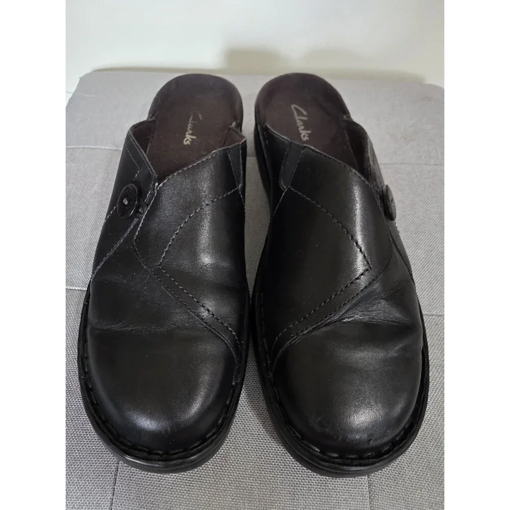 HtF AllYear Clark’s Black Leather Mules Slip On Clogs Wedge Heel Comfort Size 9M